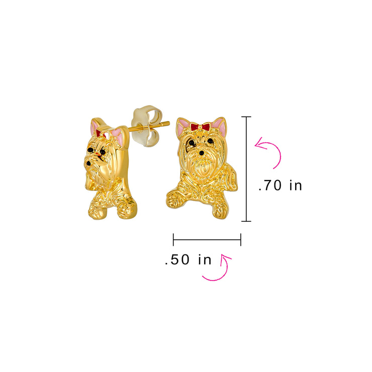 Best Friend Animal Pink Bow Yorkshire Terrier Stud Earrings 14K Gold