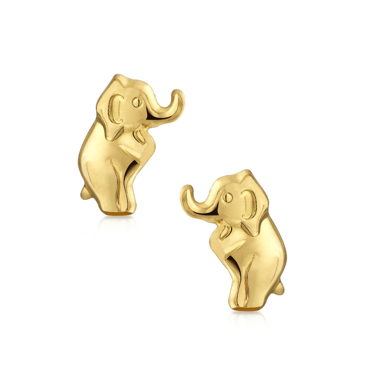 Real 14K Yellow Gold Wise Safari Wildlife Elephant Stud Earrings