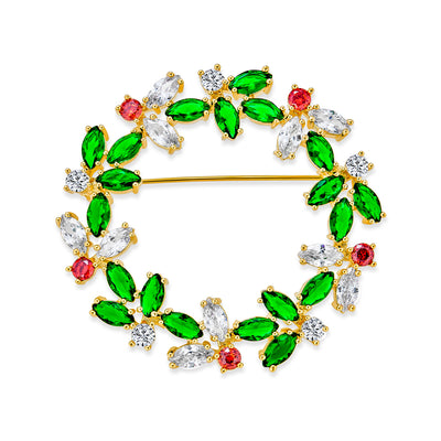 Colorful Marquise CZ Wreath Brooche Pin 14K Gold Plated for Christmas Holiday