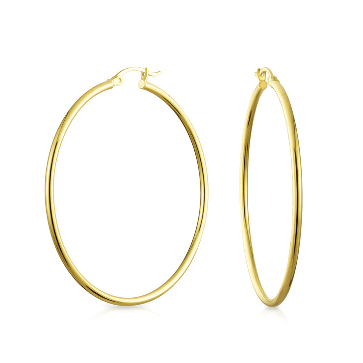 14K Real Yellow Gold Hoop Earrings Tube Style Lightweight 2 Inch Dia