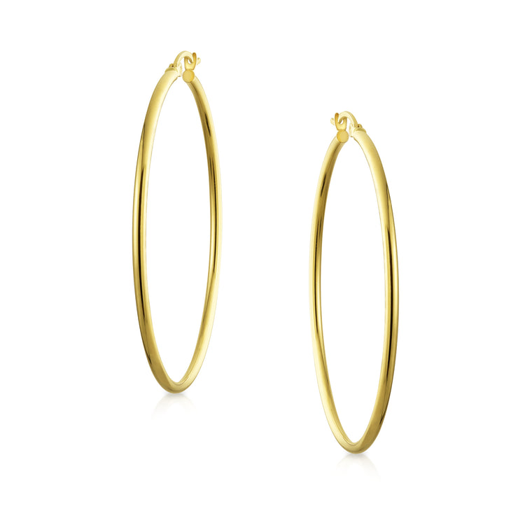 14K Real Yellow Gold Hoop Earrings Tube Style Lightweight 2 Inch Dia