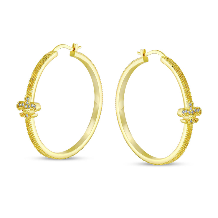 Fleur De Lis Textured Hoop Earrings Pave CZ Textured Gold Plated