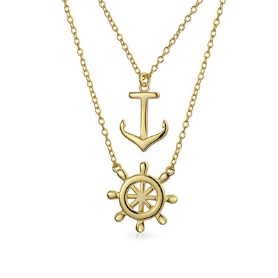 Set of 2 Nautical Ship Wheel & Anchor Pendant Necklace 14K Gold Plated Silver