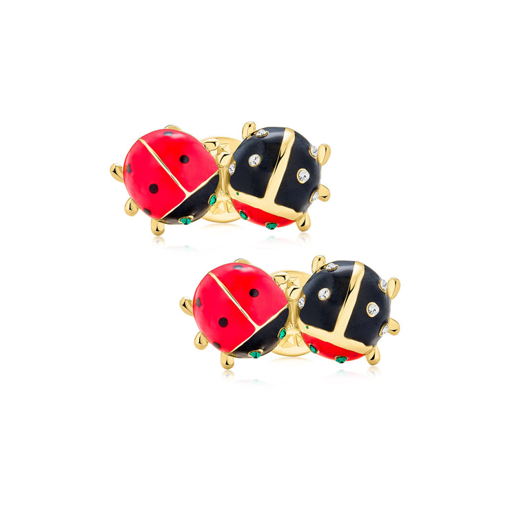 Set of 2 Lucky 2 Ladybug Red Black Gold Enamel Green Eye Crystal Lapel Push Pin