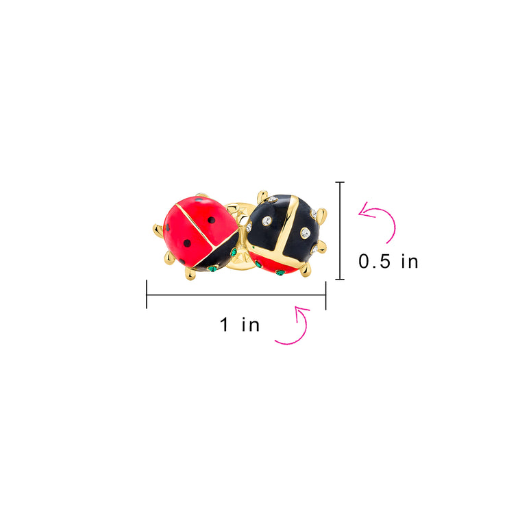 Set of 2 Lucky 2 Ladybug Red Black Gold Enamel Green Eye Crystal Lapel Push Pin