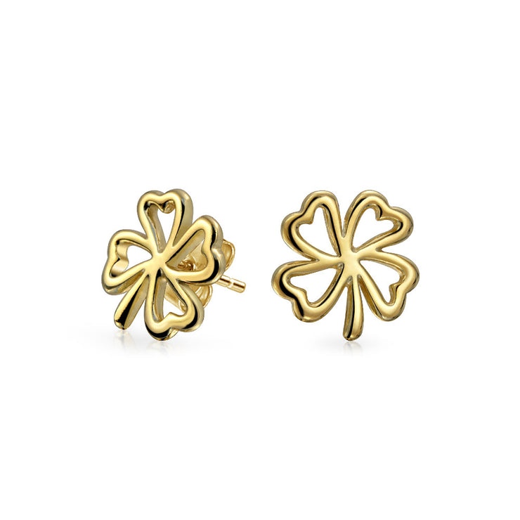 Heart Four Leaf Clover Stud Earrings Gold Plated Sterling Silver