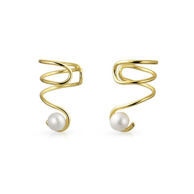 Spiral Freshwater Cultured Pearl Cartilage Earrings Gold Plated