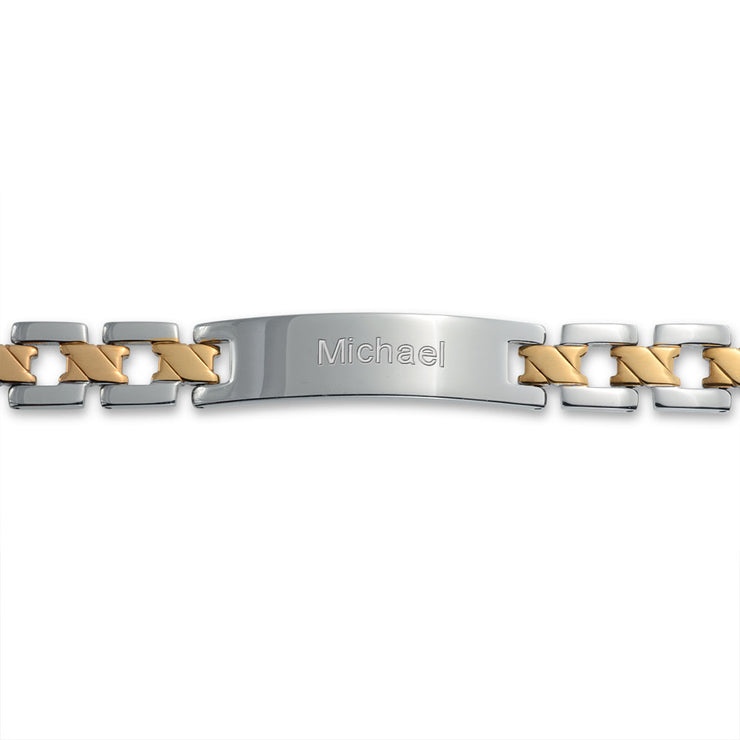 Men's Two-Tone Gold Matte ID Bracelet with Cross X Link 8" Stainless Steel Band