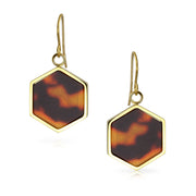 Hexagon Brown Tortoise Drop Earrings Gold Plated Stainless Steel