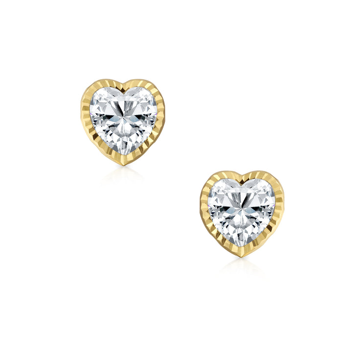 REAL 14K Yellow Gold Heart Cubic Zirconia Textured CZ Stud Earrings