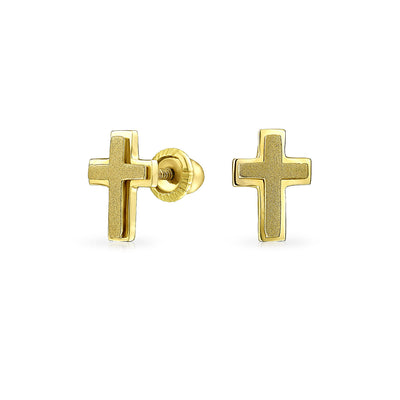 Religious Christian Heart Cross Stud Earrings Real 14K Gold Screwback