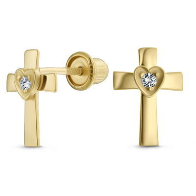 Tiny Religious Christian CZ Stud Earrings 14K Gold Heart Cross Screw Back