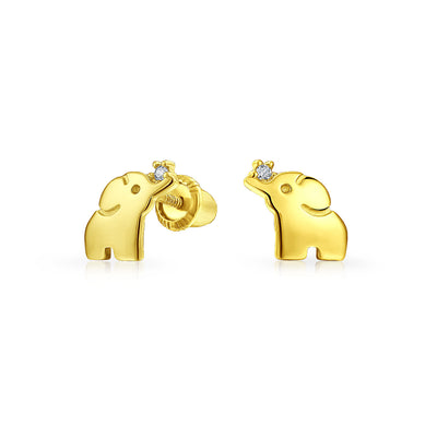 Tiny CZ Stud Earrings: Lucky Elephant in 14K Yellow Gold with Screwback