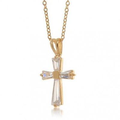 Baguette Cubic Zirconia CZ Cross Communion Pendant Gold Plated