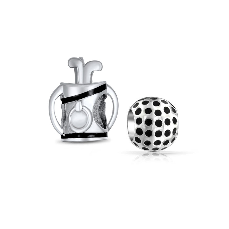 Set of 2 Golf Ball Golf Bag Clubs Charm Bead Sterling Silver for Bracelet