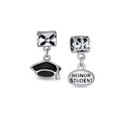 Set of 2 Graduation Cap & Words Honor Student Dangle Charm Bead Sterling Silver