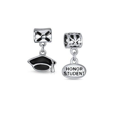 Set of 2 Graduation Cap & Words Honor Student Dangle Charm Bead Sterling Silver
