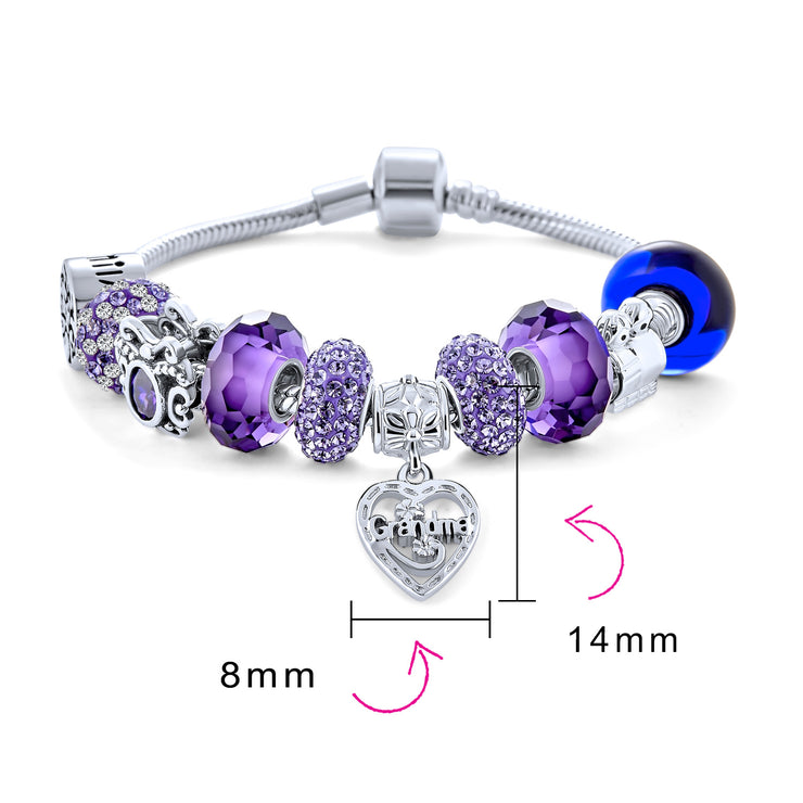 Grandma Mother Family Love Multi Bead Charm Bracelet Sterling Silver