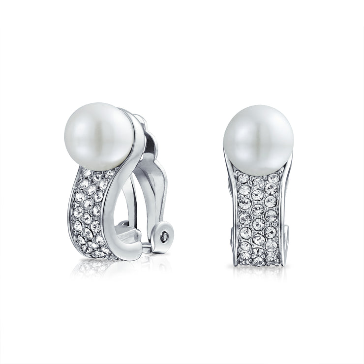 Bridal Crystal White Clip On Imitation Pearl Earrings Silver Plated