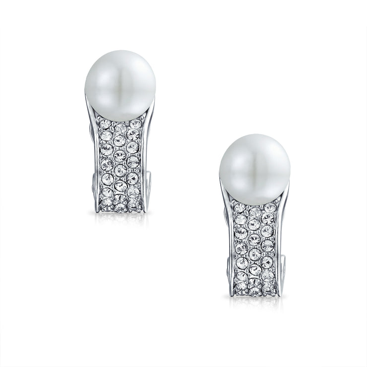 Bridal Crystal White Clip On Imitation Pearl Earrings Silver Plated