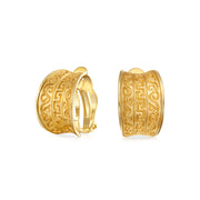 Egyptian Greek Motif Clip-On Earrings Wide Half Hoop Matte 14K Gold Plated Brass