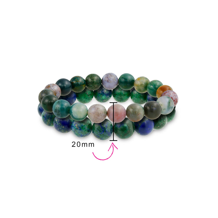 Set of 2 Natural Bead Blue Azurite Multi Color Jasper 12MM Stretch Bracelet