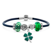 Celtic Clover Charm Bracelet with Irish Knot and Claddagh Bead on Leather 7.5 Inch