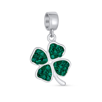 Celtic Shamrock Green Crystal Clover Dangle Charm Bead in Sterling Silver