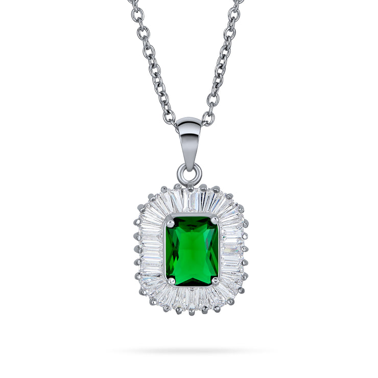 Green CZ Imitation Emerald Cut Pendant Baguette Halo Silver Plated