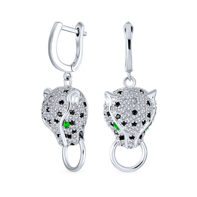 Estate Art Deco Panther Dangle Chandelier Earrings with Green Eye CZ Pave Silver