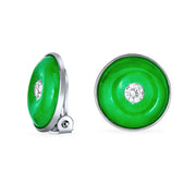 Round Disc CZ Green Jade Clip On Earrings Sterling Silver Non Pierced