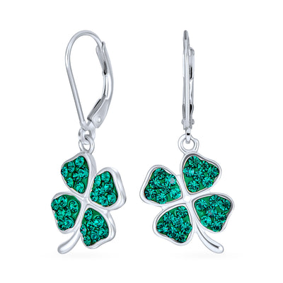 Celtic Irish Good Luck Green Crystal Clover Dangle Earrings in Sterling Silver