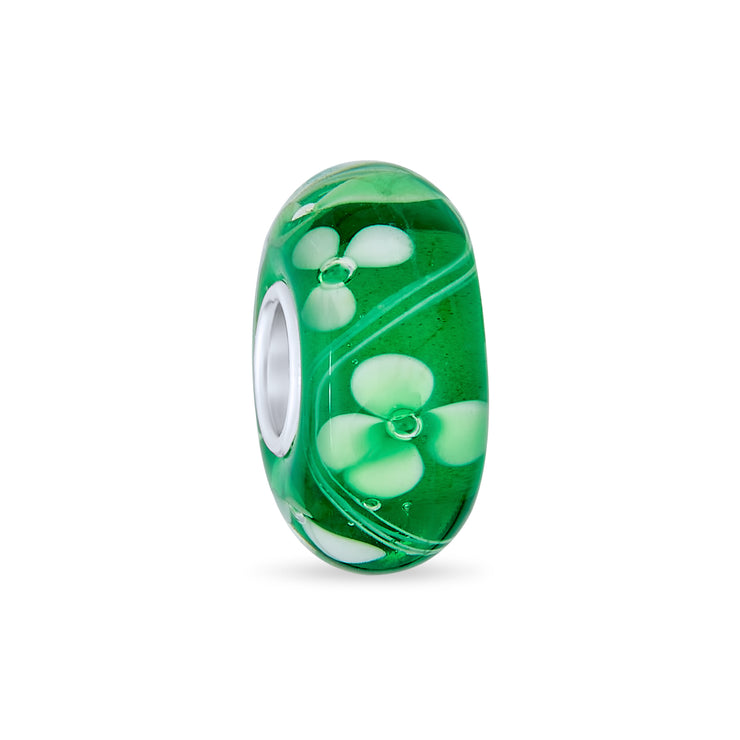 Set of 4 Green Floral Hibiscus Glass Charm Bead Silver for European Bracelet