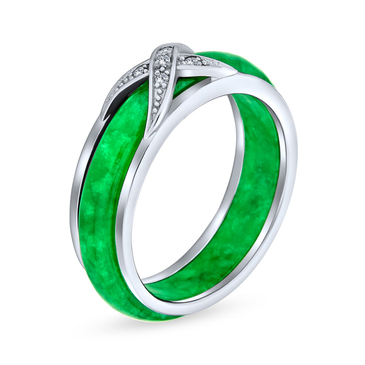 CZ Criss Cross X Kiss Dyed Green Jade Band Ring .925 Sterling Silver