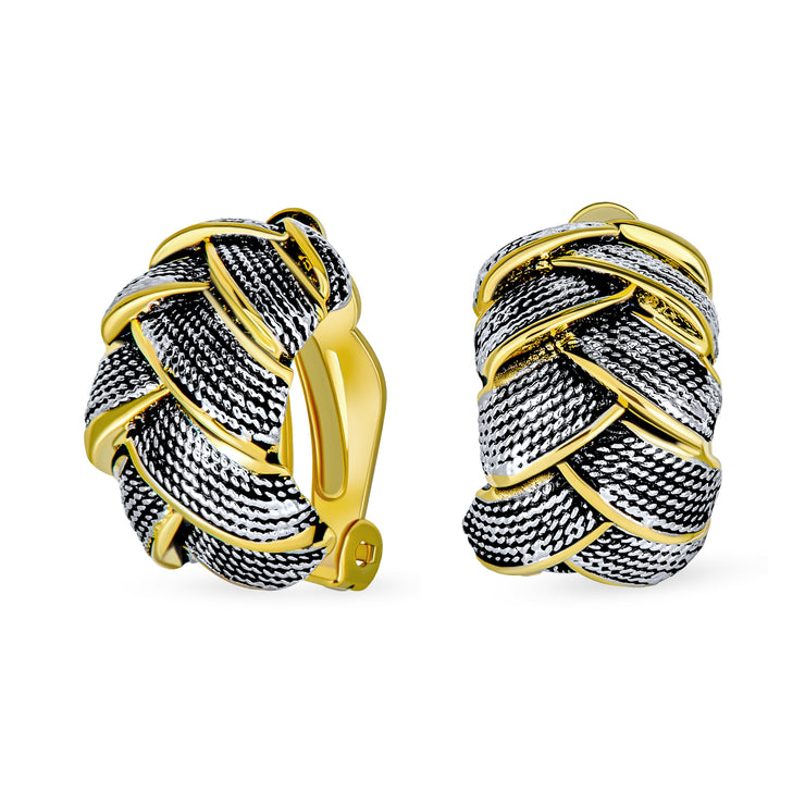 Two Tone Woven Braided Basket Weave Hoop Clip Earrings Silver Gold