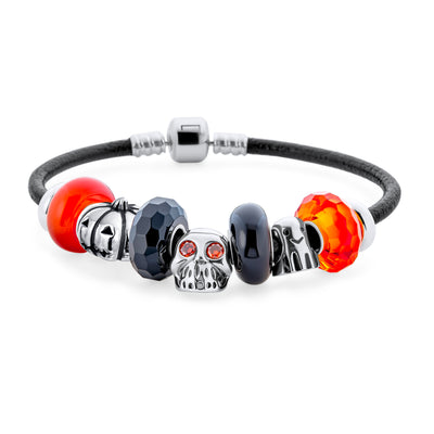 Halloween Skull Ghost Pumpkin Charm Bracelet with Orange Glass Beads 6.5-8.5 Inch