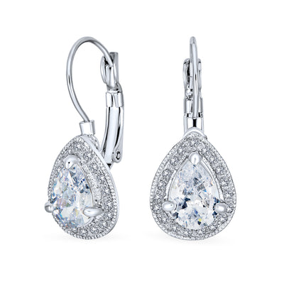 2.25CT Prom Crystal Halo Teardrop CZ Earrings Silver Plated Alloy