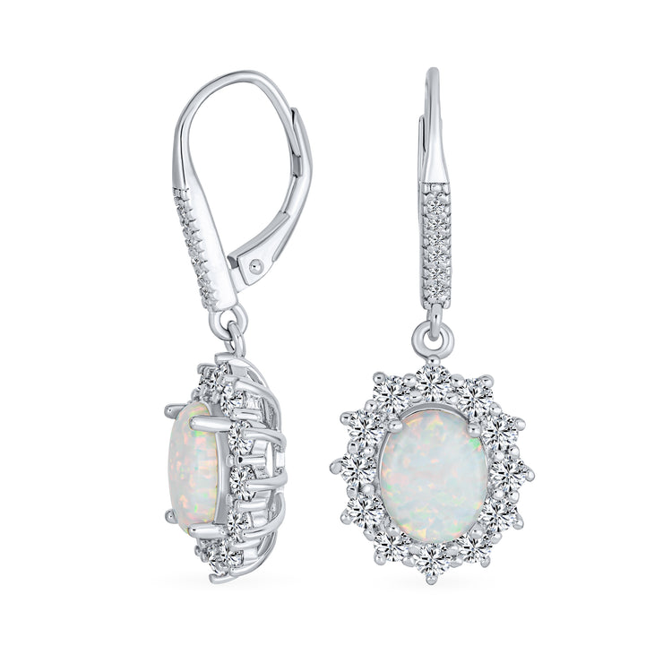 Estate Style Dangle Gemstone Earrings with CZ Halo & Opal in Sterling Silver