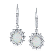 Estate Style Dangle Gemstone Earrings with CZ Halo & Opal in Sterling Silver