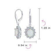 Estate Style Dangle Gemstone Earrings with CZ Halo & Opal in Sterling Silver