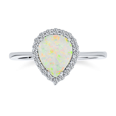 Classic Style Dainty Halo CZ Teardrop Opal Engagement Ring .925 Sterling Silver