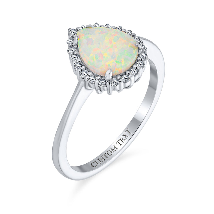 Halo Pear Shape Silver Ring with 3CTW Gemstone White Opal Sterling Silver October Birthstone