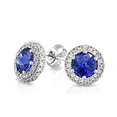 Round Solitaire Blue 8MM CZ Simulated Sapphire Stud Earrings 925 Sterling Silver