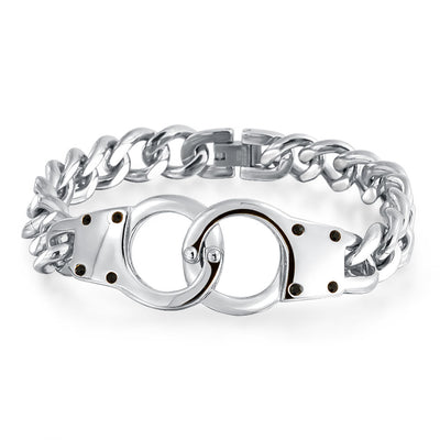 Men's Handcuff Bracelet Solid Curb Link Chain Silver Stainless Steel