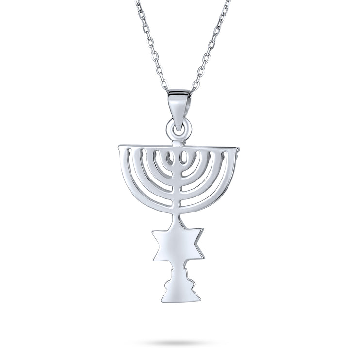 Menorah Star Jewish Pendant Blue Created Opal Necklace Sterling Silver