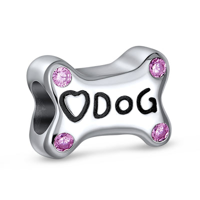 Sterling Silver Dog Bone Pink CZ Heart Charm Bead Bracelet Puppy Pet Theme