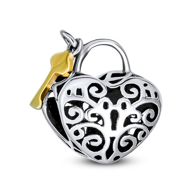 Vintage Two Tone Heart Filigree Lock & Key Charm Bead 14K Gold Plated Silver