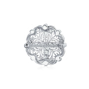 Vintage Antique Style Floral Heart Filigree CZ Brooch Pin