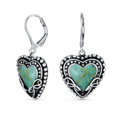 Boho Bali Dangle Gemstone Earrings Turquoise Heart Sterling Silver Leverback