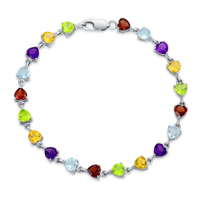 Multi Color Gemstone Heart Shaped Tennis Bracelet Sterling Silver 7"